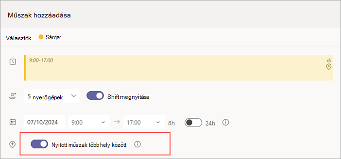 Képernyőkép a Nyitott műszak több helyen kapcsolójáról egy nyitott műszakhoz