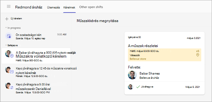 Képernyőkép egy vezető által jóváhagyott dolgozói nyitott műszakra vonatkozó kérelemről.
