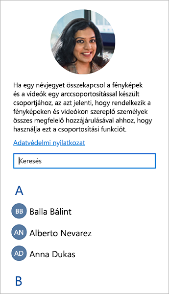 Képernyőkép a névjegyek arccsoportokkal való összekapcsolásához használható listáról.