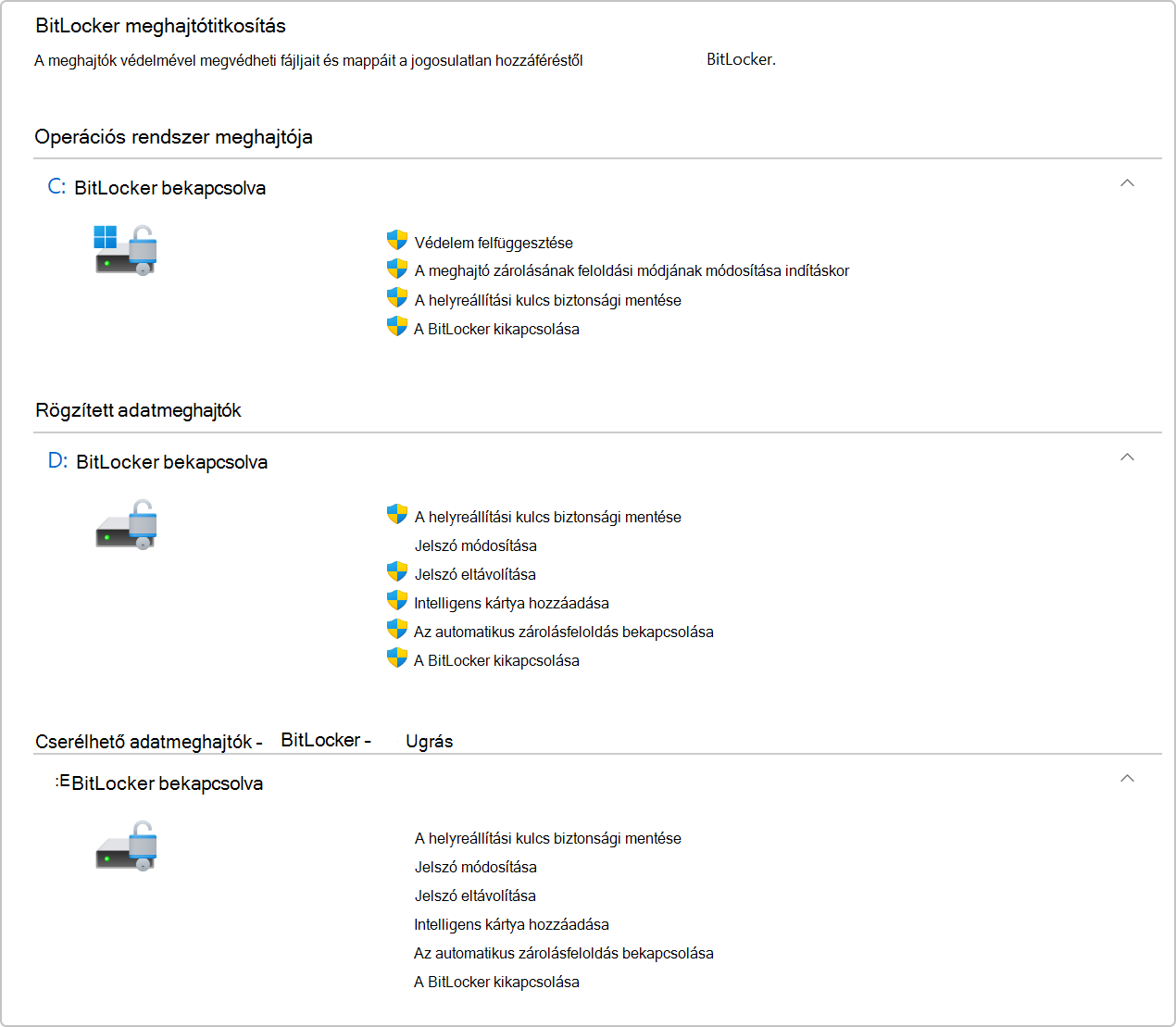 Képernyőkép a BitLocker meghajtótitkosításról a Vezérlőpulton.