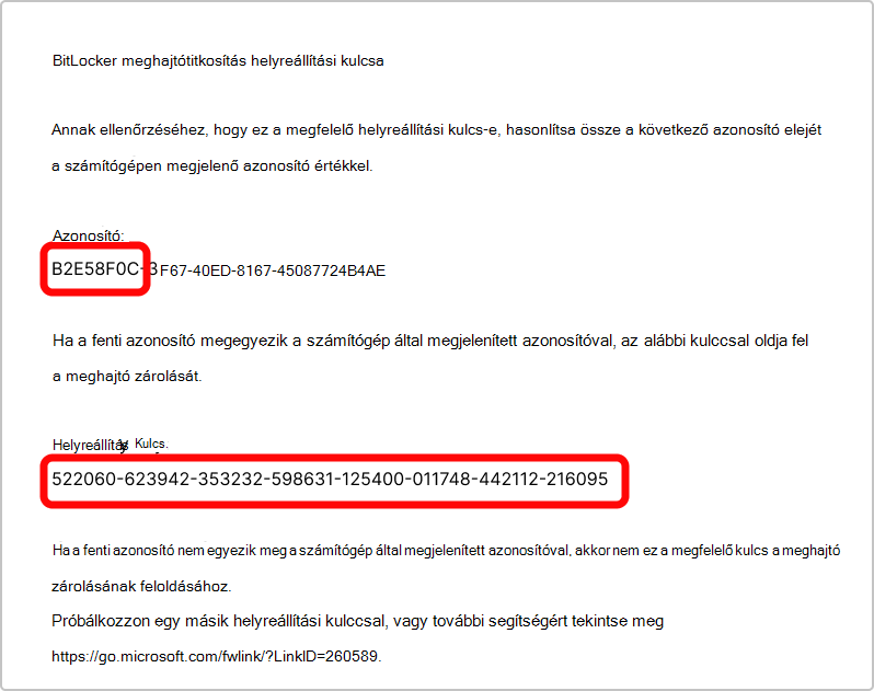 Képernyőkép a BitLocker helyreállítási kulcs nyomtatásáról.