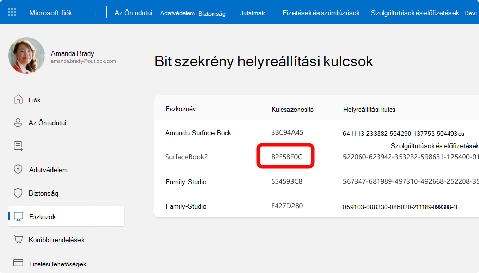 Képernyőkép a BitLocker helyreállítási kulcsokról egy Microsoft-fiókhoz.