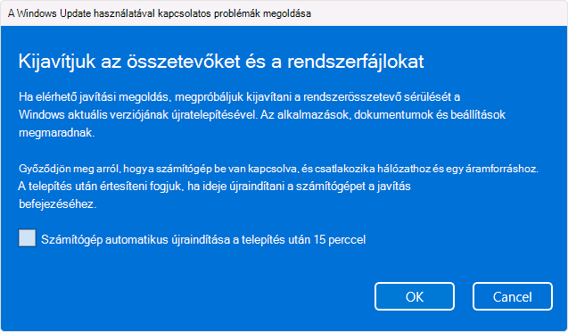 Képernyőkép a Windows Update újratelepítési lehetőségéről.