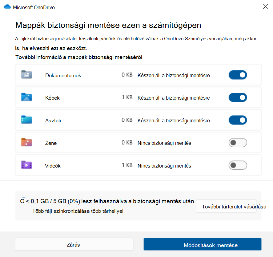 Screenshot of OneDrive Backup in Windows 10.