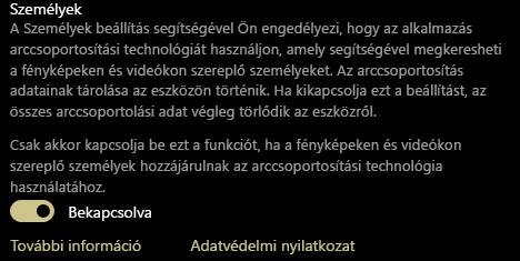 A Személyek beállítás be- és kikapcsolására szolgáló váltógombot jeleníti meg.