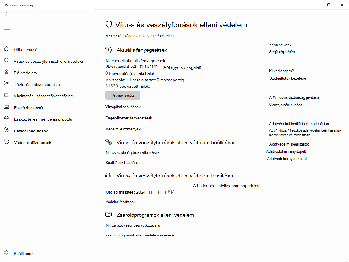 Képernyőkép a Windows biztonság alkalmazás vírus- és veszélyforrás-kezelési lapjáról.
