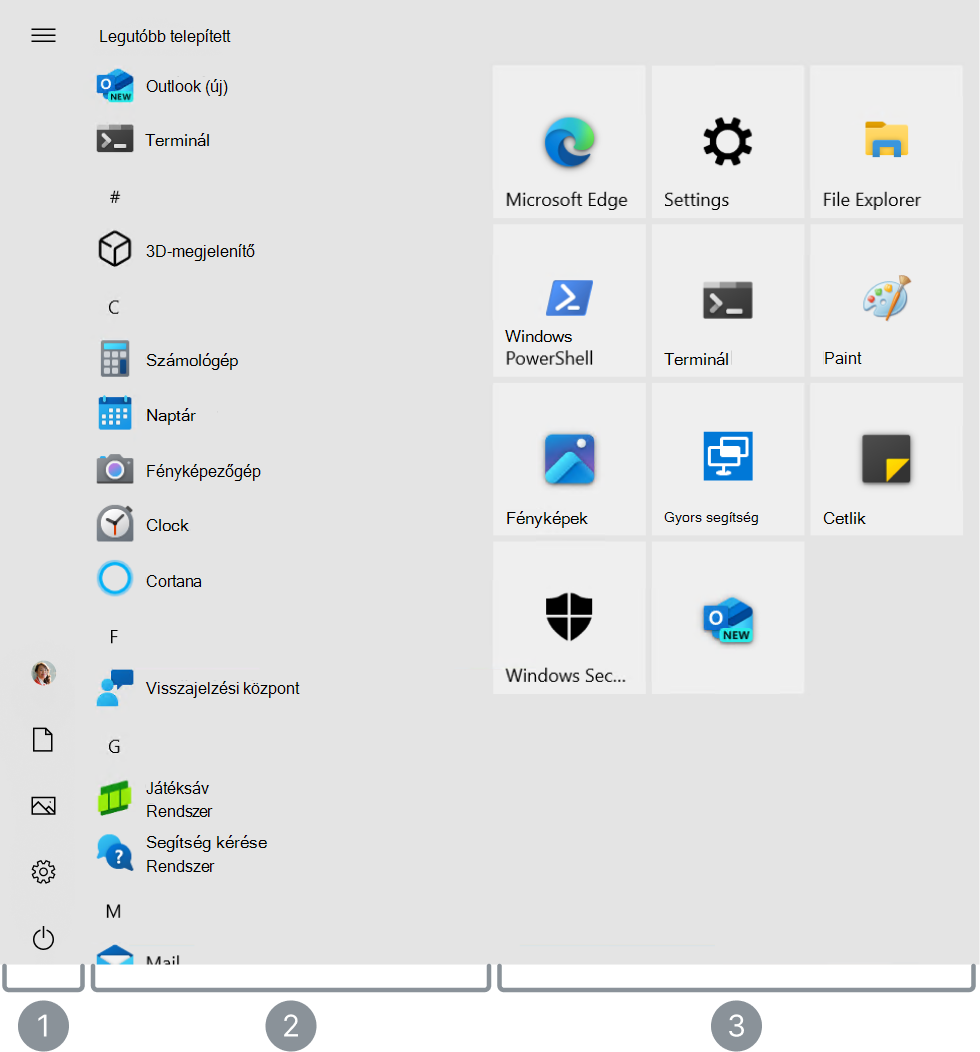 screenshot of the Windows 10 Start menu with the 3 main areas highlighted.