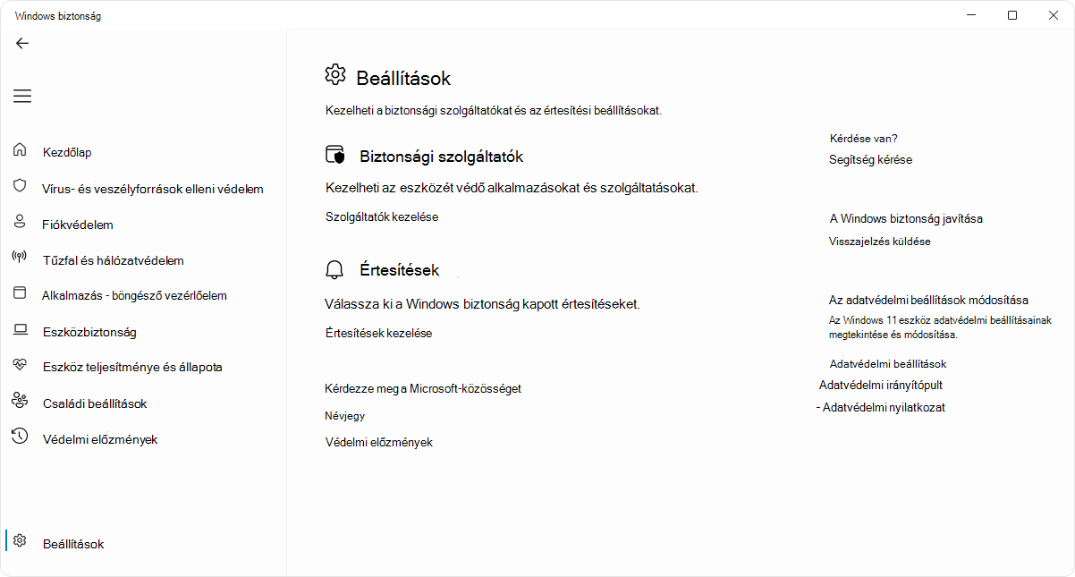 Képernyőkép a Windows biztonság alkalmazás Beállítások lapjáról.