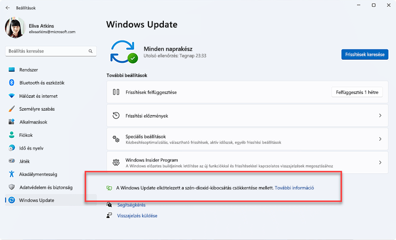 A Windows Update szolgáltatásban megjelenő üzenet: Ha a frissítések háttérben történő telepítését prioritásként kezeli, ez alacsonyabb szén-dioxid-kibocsátást eredményezhet, mivel a villamos energia nagyobb része alacsonyabb szén-dioxid-kibocsátású forrásokból származik az elektromos hálózaton.
