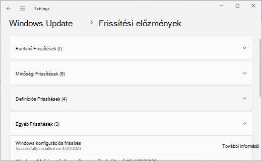 Megjeleníti a Frissítési előzmények lapot, az Egyéb Frissítések szakasz ki van bontva.