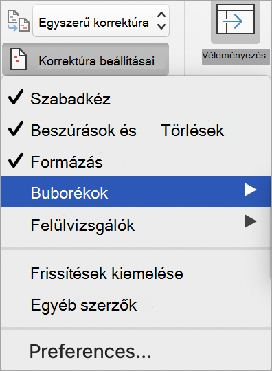 Változáskövetési korrektúrabeállítások