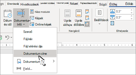 Az élőfej menüszalagja a kiemelt Dokumentumadatok elemmel