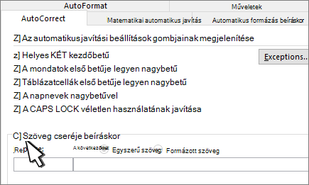 A Csere beíráskor jelölőnégyzet az Automatikus javítás lapon