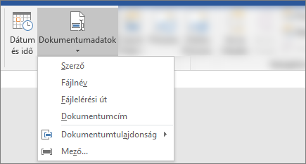 Képernyőkép a Word menüszalagjának Dokumentumadatok és Dátum & Idő gombjáról