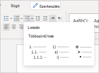 Többszintű lista beállításai