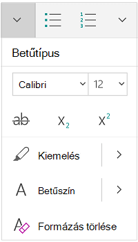 Betűtípus menü álló módban