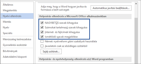 Szavak mellőzésének beállítása helyesírás-ellenőrzés során