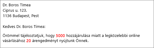 Körlevél-dokumentum, amelyben a hozzájárulása 5000, és 20 kedvezményt kínál.