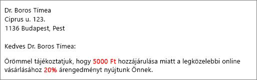 A körlevél eredményét tartalmazó dokumentum az 50 USD értékű hozzájárulást olvassa és 20% kedvezményt kínál.