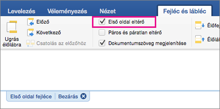 Az Első oldal eltérő beállítás ki van emelve az Élőfej&Élőláb lapon.
