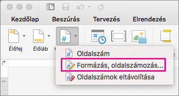 Az oldalszámok formázásához kattintson az Élőfej & az Élőláb lap Oldalszám gombjára, majd az Oldalszámok formázása parancsra.