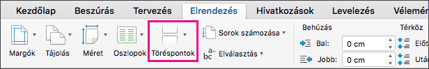 A Töréspontok lehetőségre kattintva válassza ki a kurzor aktuális helyére beszúrandó oldaltörés típusát.