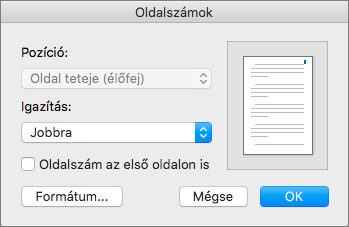 Az Oldalszámozás ablakban adja meg az oldalszámok helyét és pozícióját.