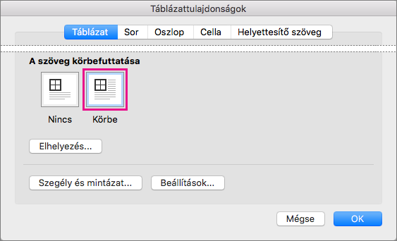 Click Around (Körbe) elemre, ha a szöveget a kijelölt táblázat körül szeretné körbefuttatni.