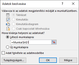 Az Adatimportálás párbeszédpanelen adja meg, hogy az adatokat egy meglévő munkalapon, illetve az alapértelmezett beállítás szerint egy új munkalapon szeretné-e elhelyezni