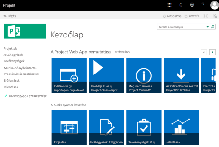 A Project Online Kezdőlap nézete.