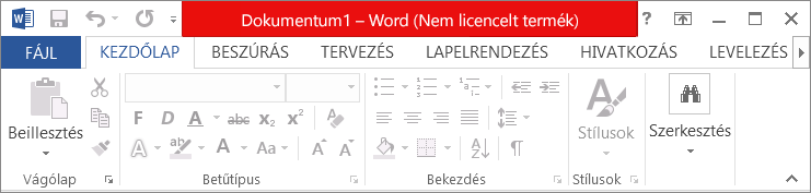 A Nem licencelt termék felirat látható a piros címsorban, a letiltott felületen és az üzenetszalagon