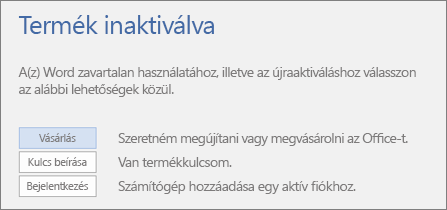 Képernyőkép a Termék inaktiválva hibaüzenetről