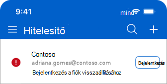 A Microsoft Authenticator képernyőképe a fiók visszaállításához való bejelentkezés üzenetével