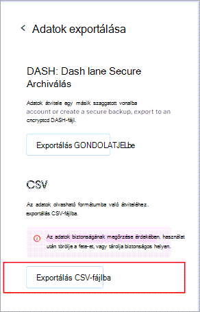 A Dashlane Adatok exportálása menüje, alul kiemelve az Exportálás CSV-be gombot.