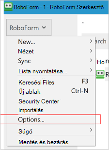 Asztali Roboform-beállítások menü