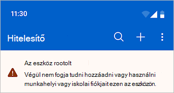 Képernyőkép egy eszközről a Microsoft Authenticator rootolt figyelmeztető üzenetében.