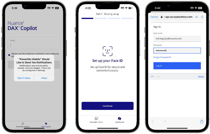 On left, Notification approval screen. In middle, Face ID setup screen. On right, DAX Copilot login screen with Username and Password fields filled in.