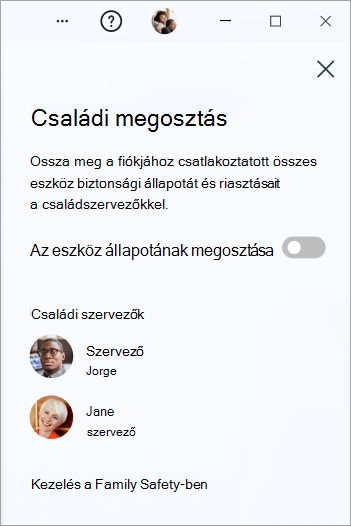 A Családi megosztás panel a Windowshoz készült Microsoft Defenderben.