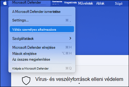 Megnyílt a Microsoft Defender menü, és a Váltás személyes alkalmazásra lehetőség van kiválasztva.