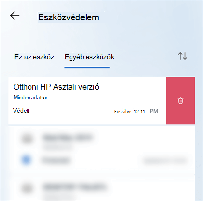 Mobileszközön pöccintsen balra az eszközön, majd válassza az eszköz eltávolítása ikont az eszközkártya jobb oldalán.