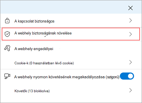 A Microsoft Edge webhelyinformációs menüje a Webhely biztonságának növelése funkcióval.