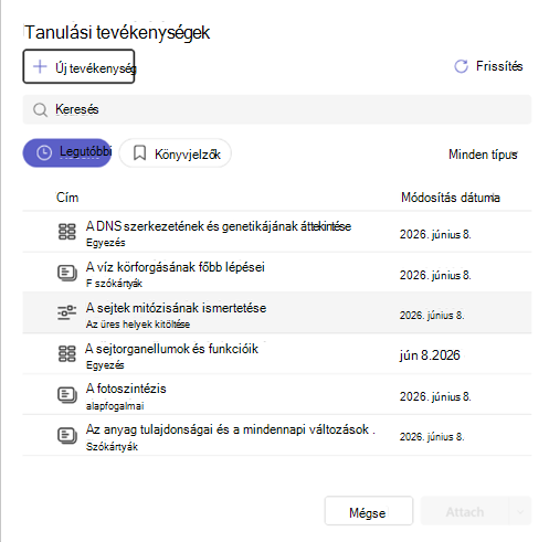 Képernyőkép egy tanulási tevékenység csatolásáról.