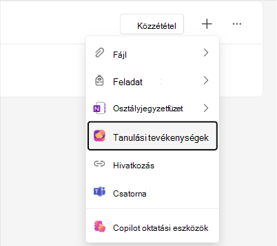 Képernyőkép a Tanulási tevékenységek lehetőségről az Osztálymunka modulmenüben.