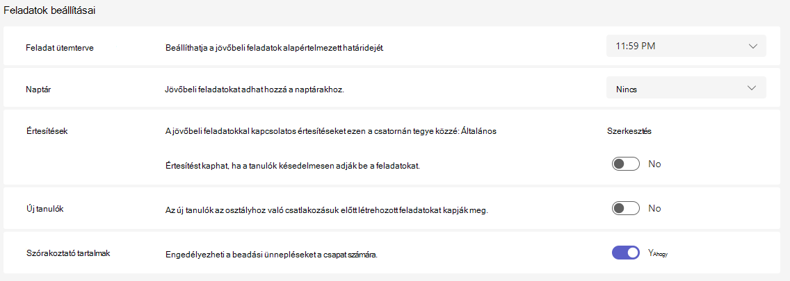 Képernyőkép a feladat beállításairól.