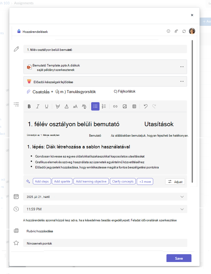 Microsoft-feladat létrehozása párbeszédpanel szöveggel