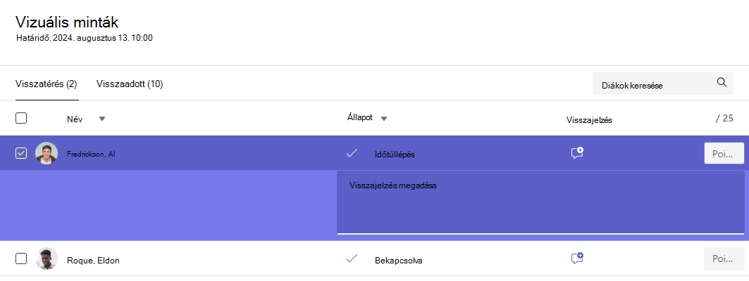 Visszajelzést megjelenítő képernyőkép