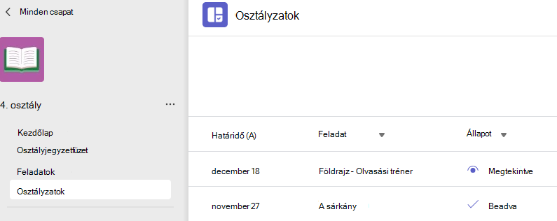 Osztályzatokat megjelenítő képernyőkép