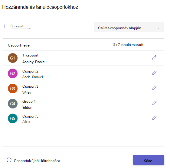 Képernyőkép a létrehozott csoportokról.