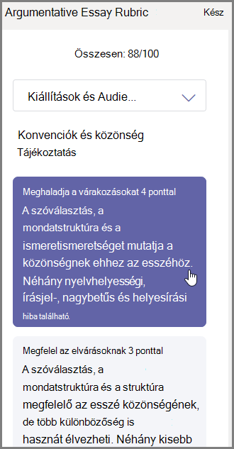 Válassza ki a kijelölt szakaszhoz rendelni kívánt osztályzatot, és írja be a visszajelzést az aljára