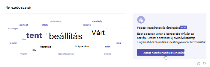 Képernyőkép egy szófelhőről, amelyen látható, hogy a diákok mely szavakat olvassák fel a leggyakrabban. Minél hosszabb a szó, annál gyakrabban követtek el hibát a diákok. Ha az egérmutató a feltűnő szó fölé mutat, egy előugró ablak mutatja, hogy 52-szer tévesztették el a szót.